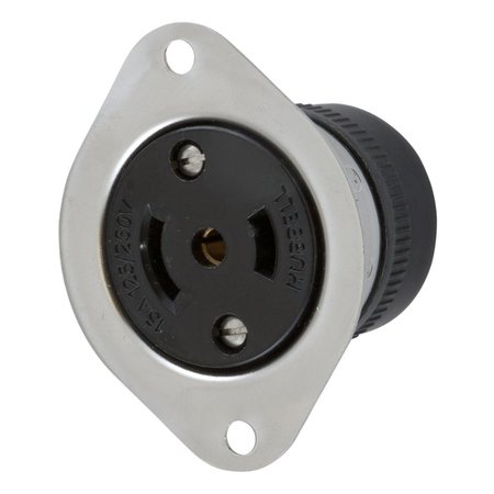 HUBBELL WIRING DEVICE-KELLEMS Locking Devices, Midget Twist-Lock®, Industrial, Flanged Receptacle, 15A 125/250V AC, 3-Pole 3-Wire Non Grounding, NEMA ML-3R, Stainless Steel Flange. HBL7489